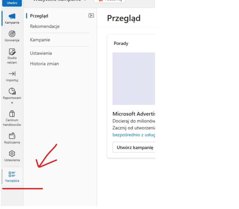 Menu Microsoft Advertising z zaznaczonym elementem Narzędzia.