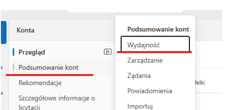Menu Podsumowanie kont w Microsoft Advertising z zaznaczoną opcją Wydajność.