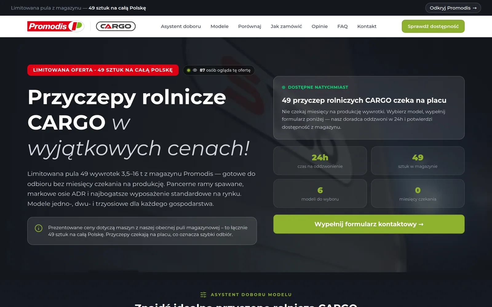AW project: Przyczepy CARGO — Promodis Landing page przyczep rolniczych CARGO Promodis z liczbą sztuk dostępnych z magazynu.