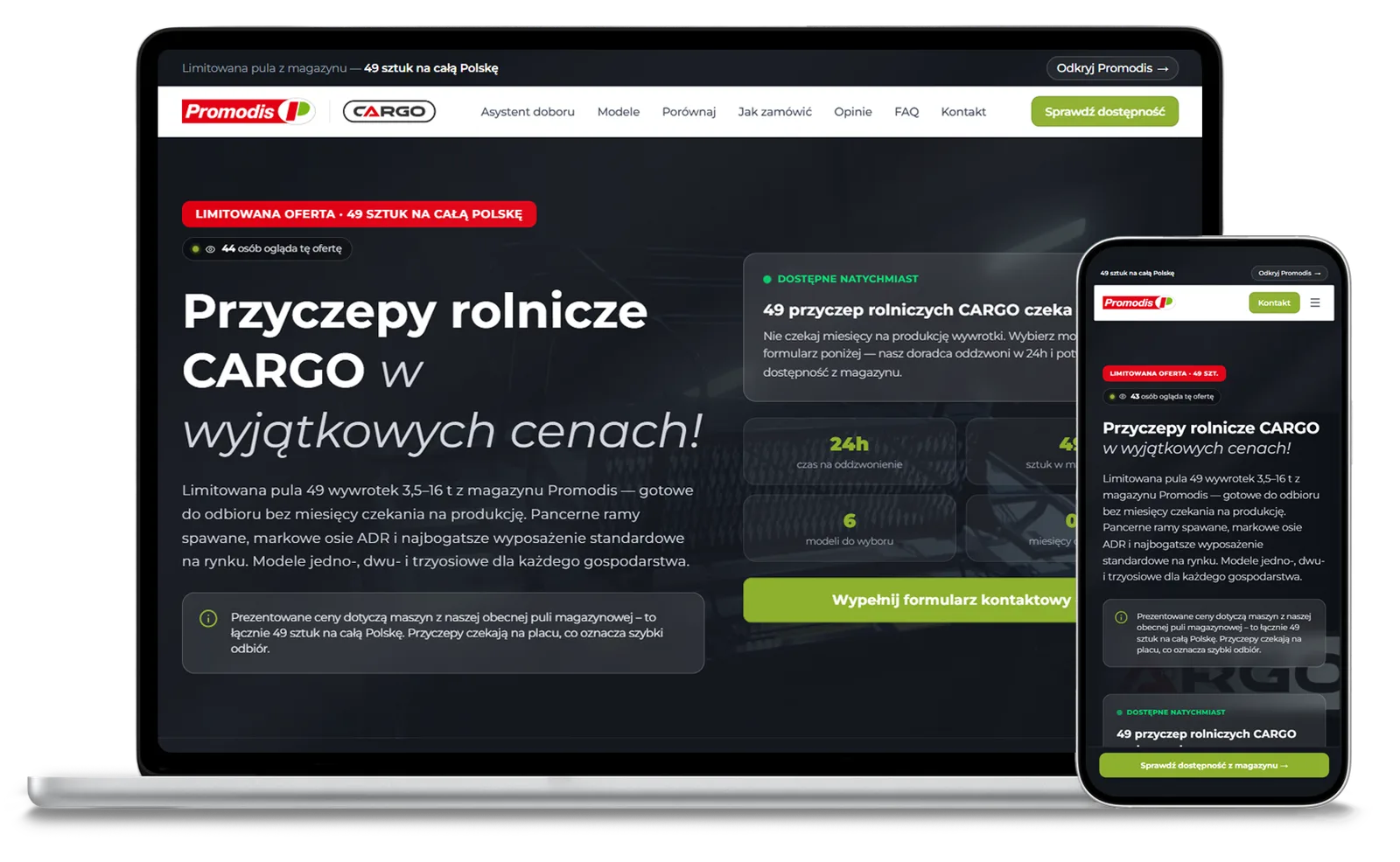 Przyczepy CARGO — Promodis — realizacja na desktopie i mobile Strona cargo.promodis.pl na ekranie laptopa i telefonu — wersja desktopowa i mobilna.