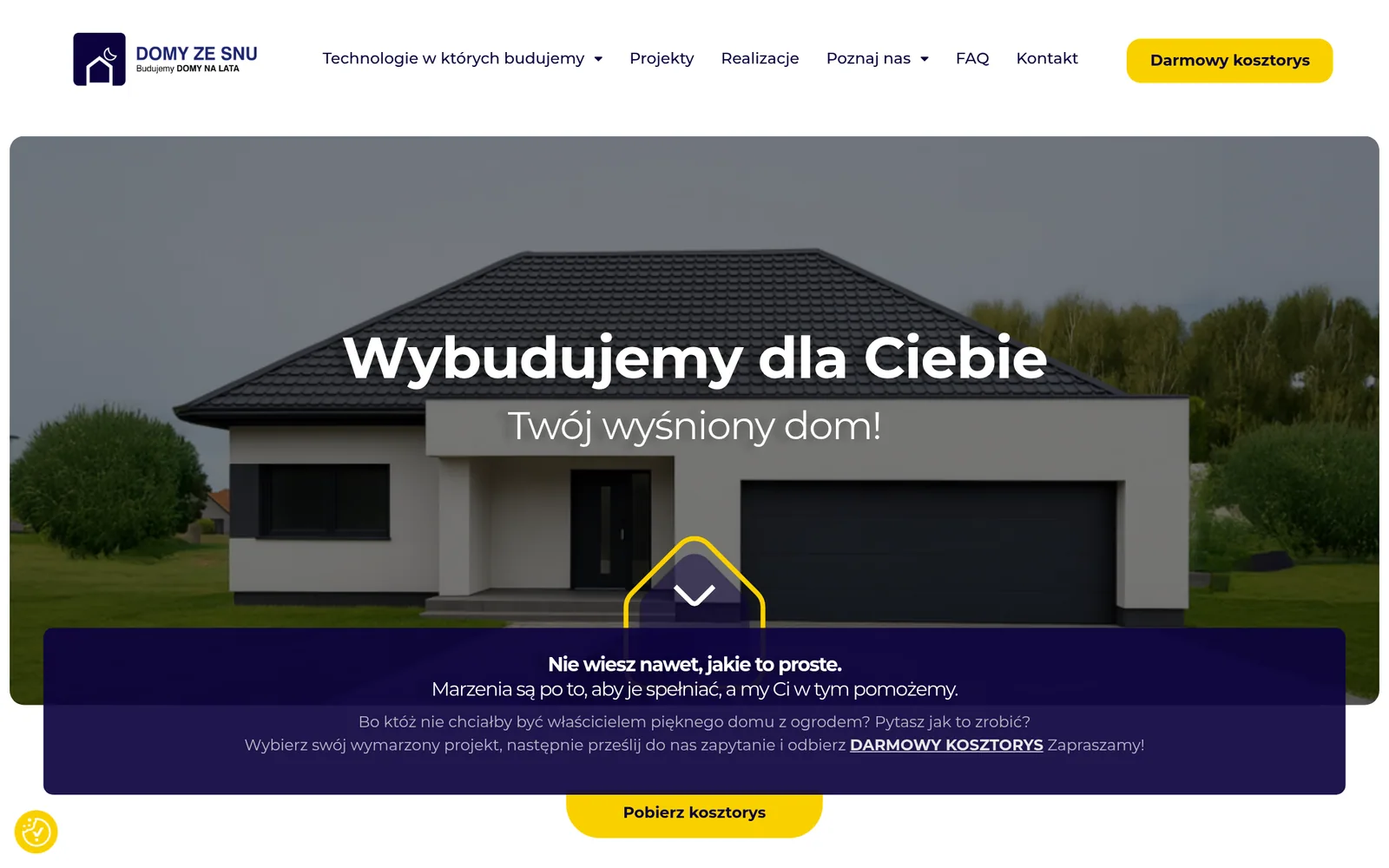 Strona główna serwisu domyzesnu.pl z prezentacją projektów domów i formularzem wyceny.