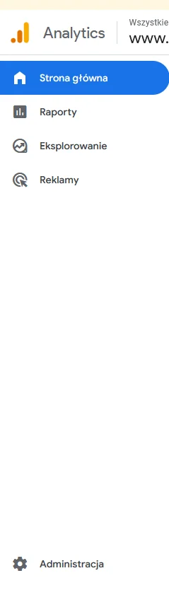 Lewe menu Google Analytics z zaznaczoną opcją Administracja.