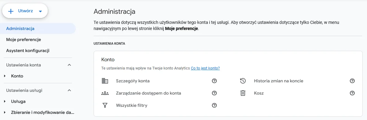 Panel administracyjny GA4 z opcją zarządzania dostępem do konta.