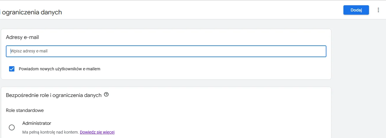 Formularz dodawania użytkownika GA4 z adresem e-mail i wyborem roli.