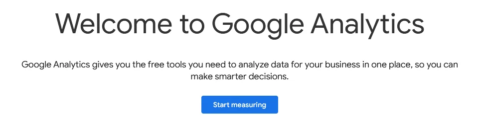 Ekran powitalny Google Analytics z przyciskiem Start measuring.
