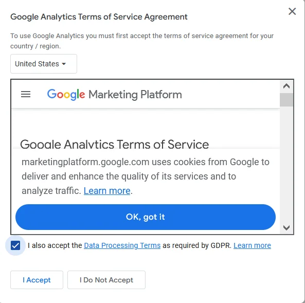 Okno warunków korzystania z Google Analytics.