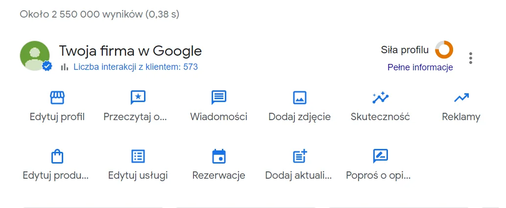 Panel zarządzania Profilem Firmy w Google.