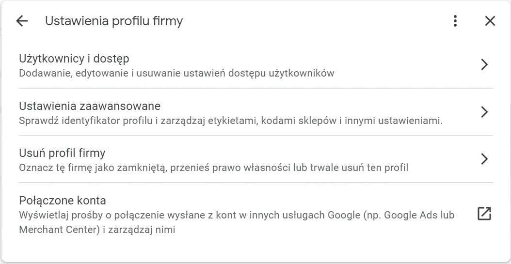 Ustawienia Profilu Firmy w Google z sekcją Użytkownicy i dostęp.