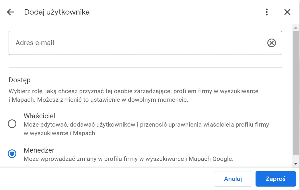 Formularz dodawania użytkownika Profilu Firmy w Google z rolą Menedżer.