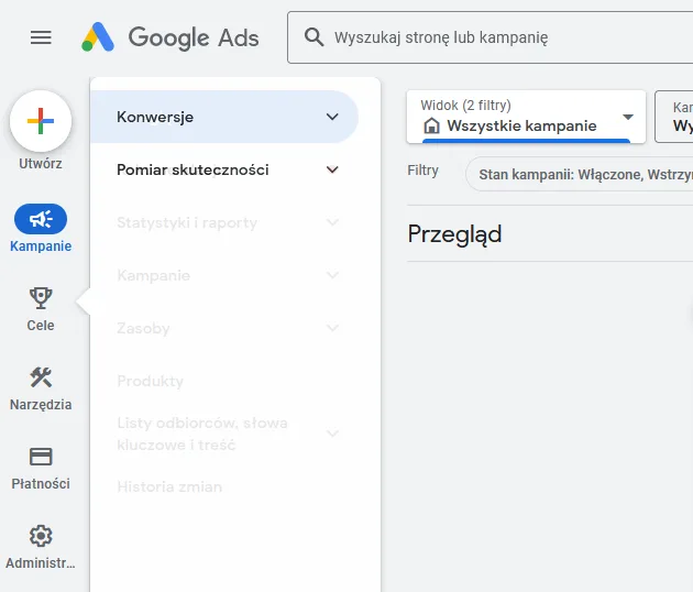 Menu Google Ads z zaznaczoną ikoną Administracja.