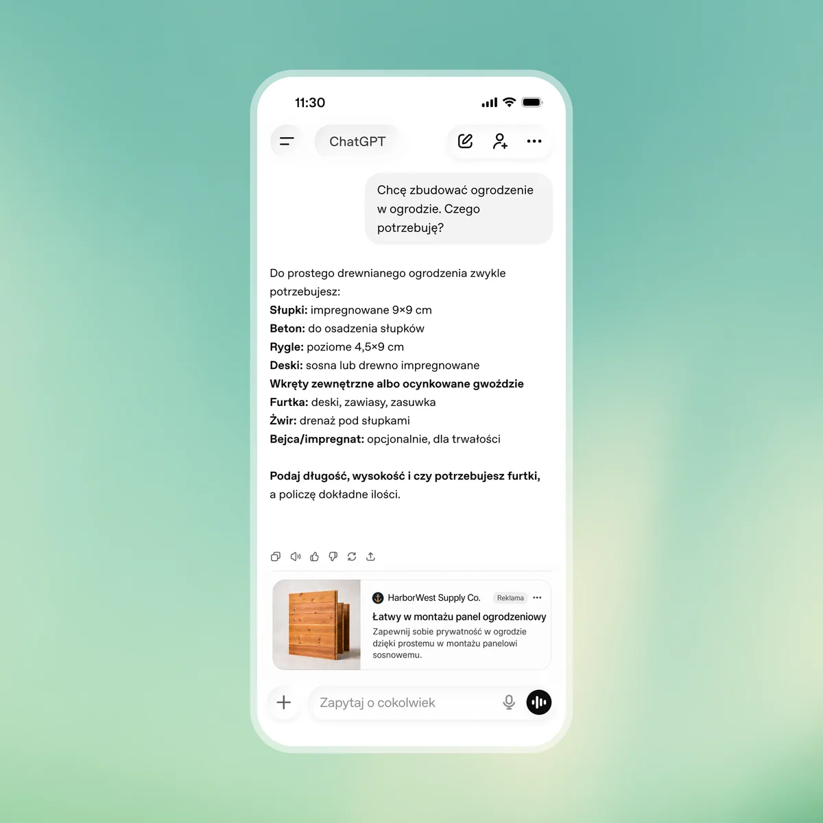 Reklama paneli ogrodzeniowych wyświetlona pod odpowiedzią ChatGPT na ekranie smartfona.