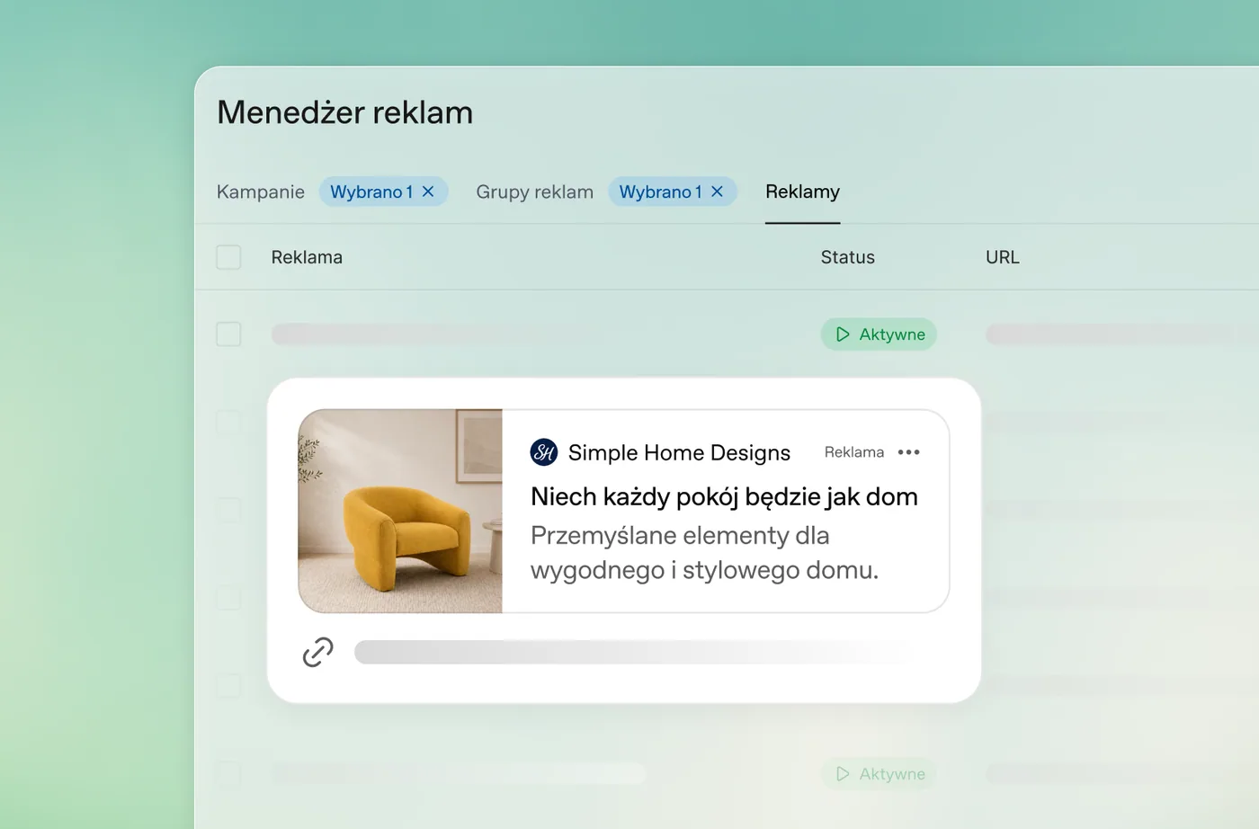 Panel Menedżera reklam z aktywną kartą sponsorowaną marki wyposażenia wnętrz.
