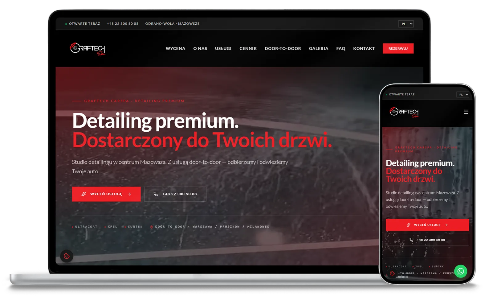 Graftech CarSpa — realizacja na desktopie i mobile Strona graftechcarspa.pl na ekranie laptopa i telefonu — wersja desktopowa i mobilna.
