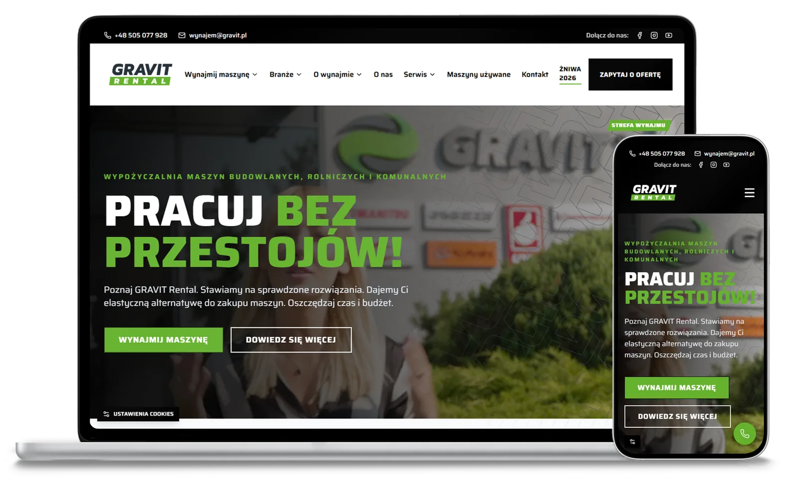 GRAVIT Rental — realizacja na desktopie i mobile Strona gravitrental.pl na ekranie laptopa i telefonu — wersja desktopowa i mobilna.