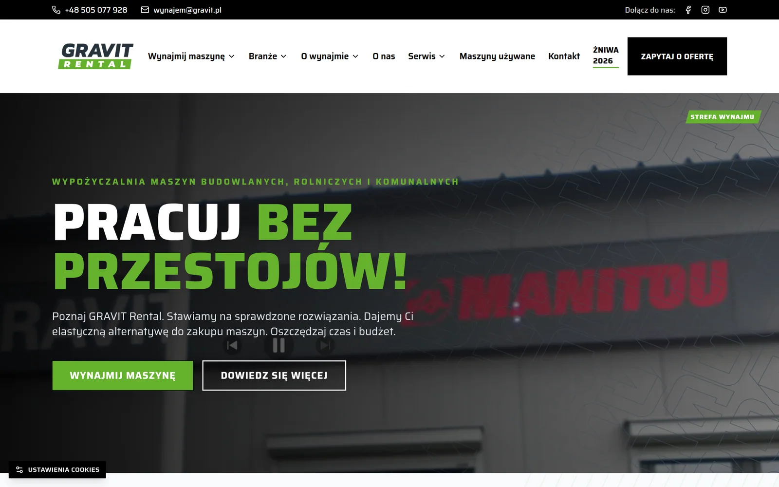 AW project: GRAVIT Rental Strona główna serwisu GRAVIT Rental z hasłem „Pracuj bez przestojów” i ofertą wynajmu maszyn.