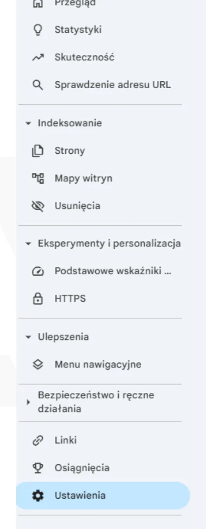Menu boczne Google Search Console z zaznaczoną opcją Ustawienia.