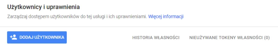 Sekcja Użytkownicy i uprawnienia Google Search Console z przyciskiem Dodaj użytkownika.