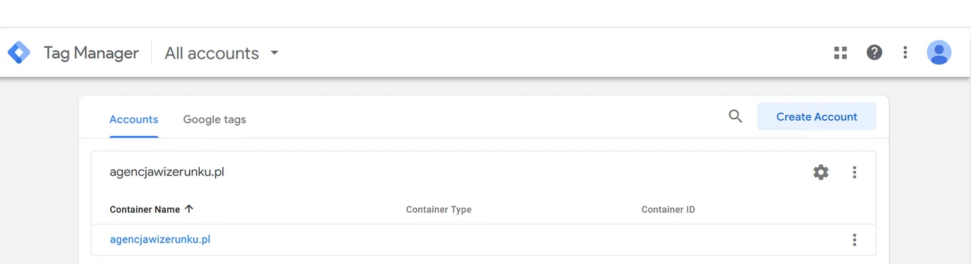 Lista kont i kontenerów Google Tag Manager.