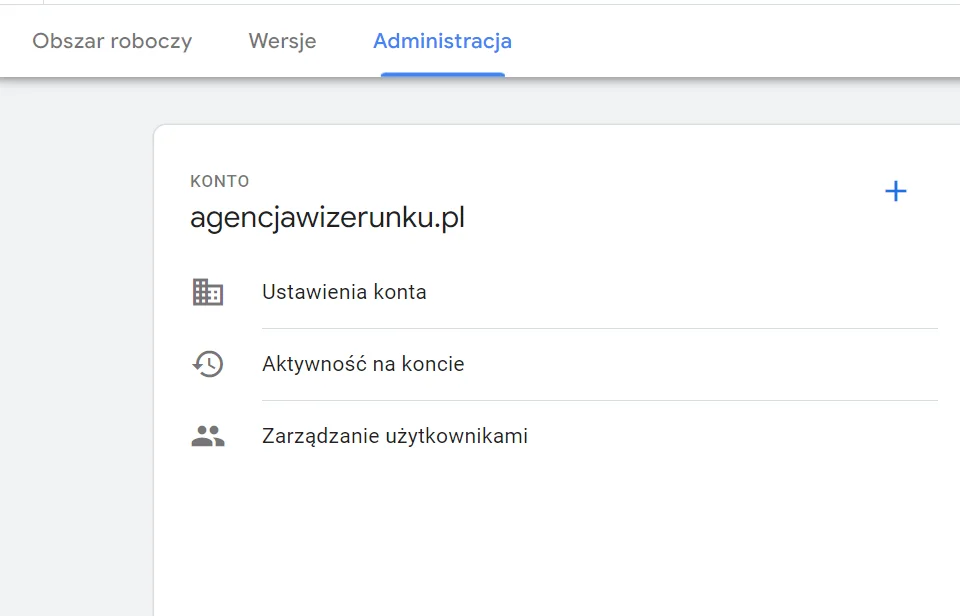 Panel administracji Google Tag Manager z opcją Zarządzanie użytkownikami.