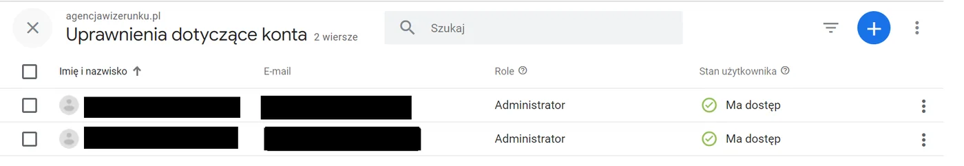 Ekran uprawnień konta Google Tag Manager z przyciskiem plus.