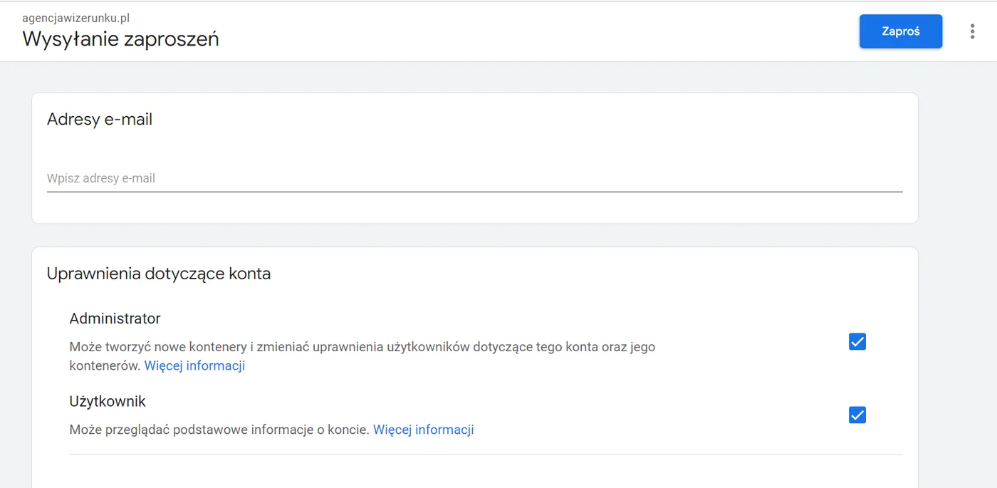 Formularz zaproszenia użytkownika Google Tag Manager.