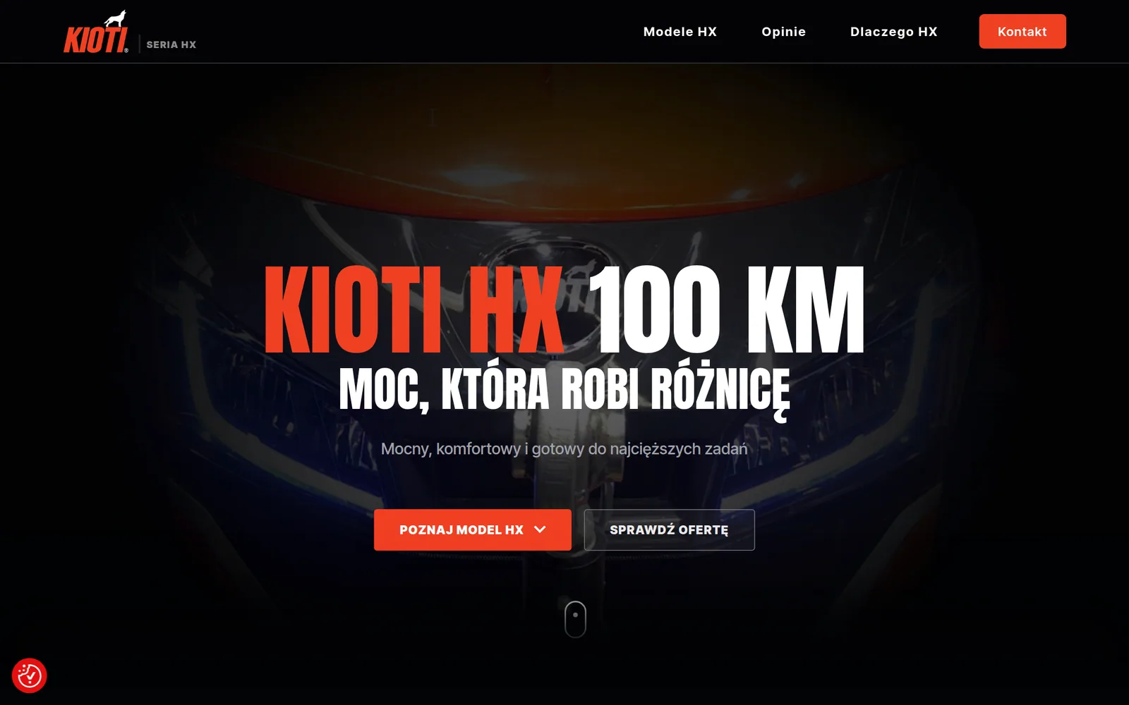 AW project: KIOTI HX Landing page ciągnika KIOTI HX 100 KM z prezentacją modelu i specyfikacją.