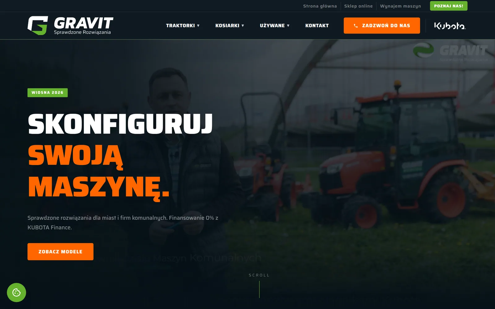 AW project: Kubota — GRAVIT Landing page dealera Kubota GRAVIT z hasłem „Skonfiguruj swoją maszynę” i ofertą traktorków.