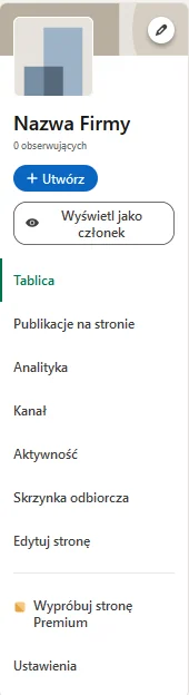 Menu ustawień strony LinkedIn.