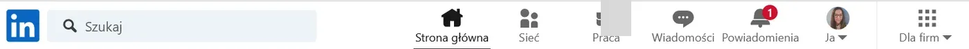 Górne menu LinkedIn z pozycją Dla firm.