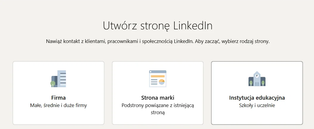 Kafelki wyboru typu nowej strony LinkedIn.