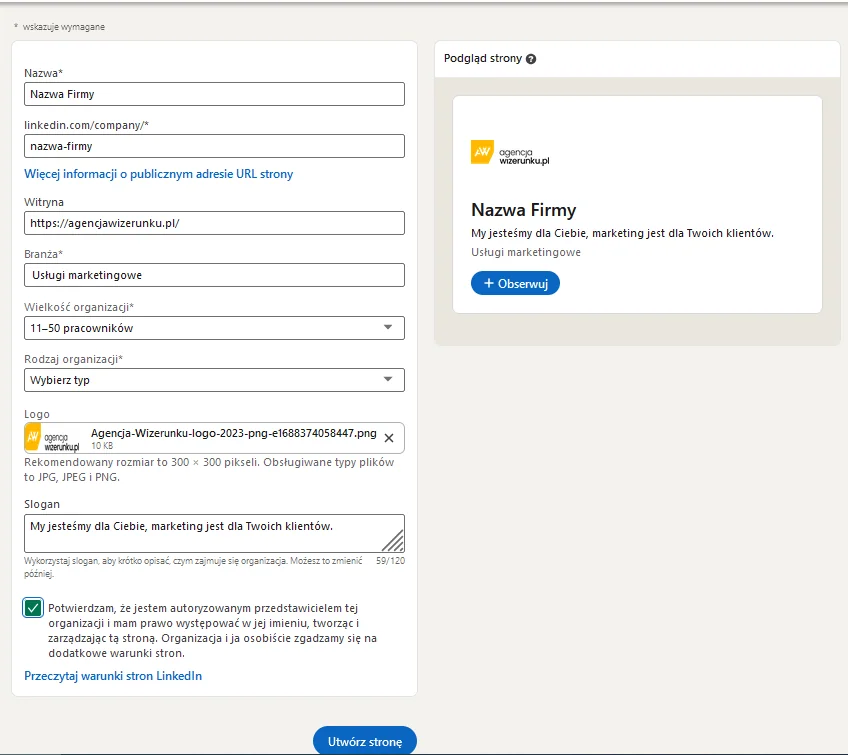 Formularz tworzenia strony firmowej LinkedIn.
