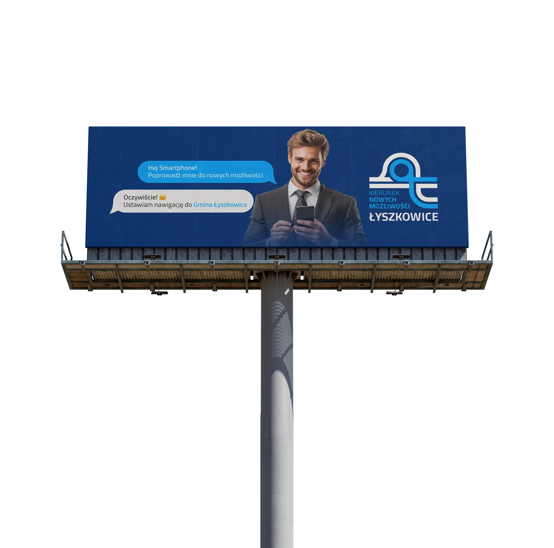 Billboard 6×3 m Gminy Łyszkowice z hasłem „Hej Smartphone — poprowadź mnie do nowych możliwości”