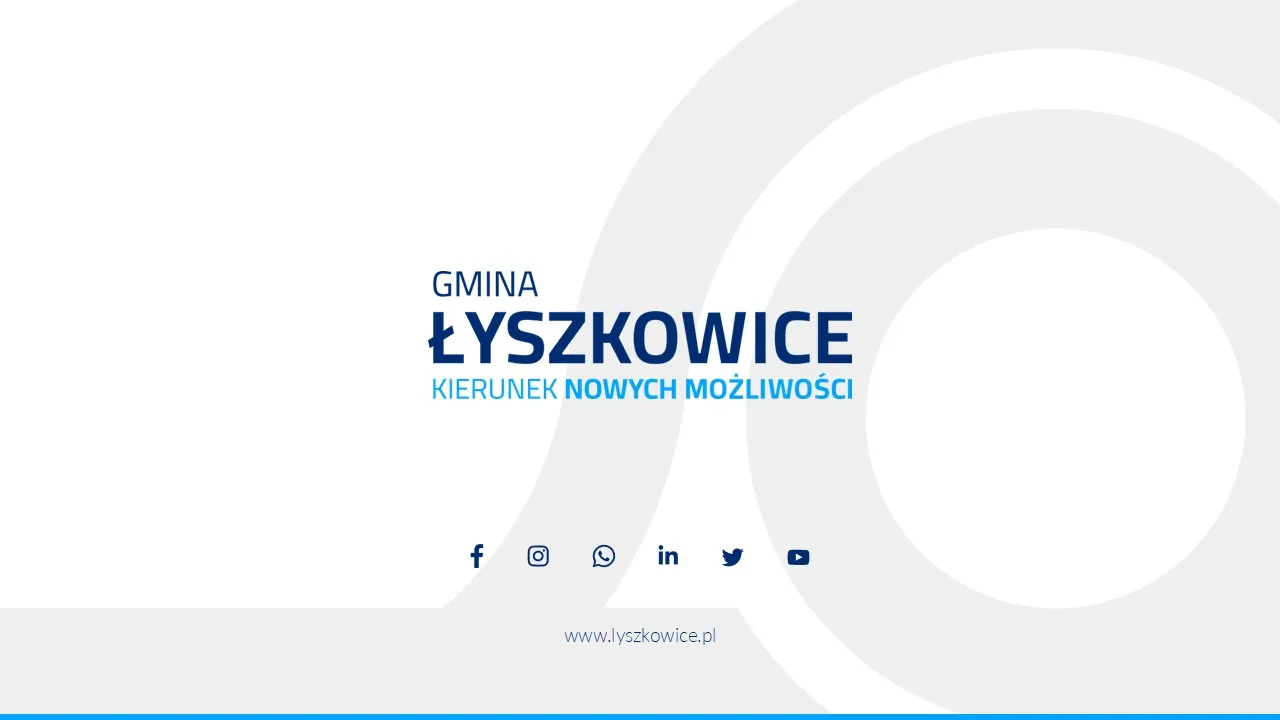 Logo Gminy Łyszkowice z hasłem „Kierunek nowych możliwości” — abstrakcyjna forma graficzna inspirowana węzłem autostrady A2