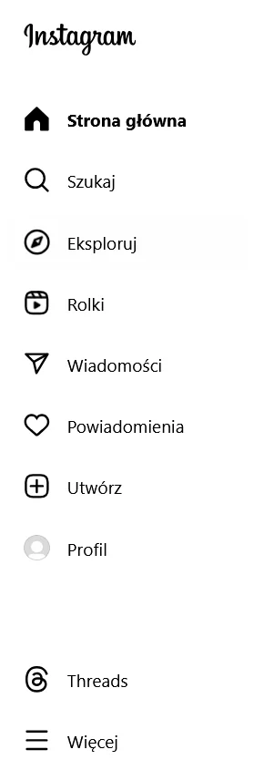 Menu boczne konta Instagram z opcją Więcej.