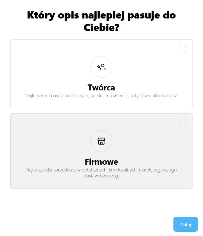Wybór typu konta profesjonalnego Instagram z opcją Firmowe.
