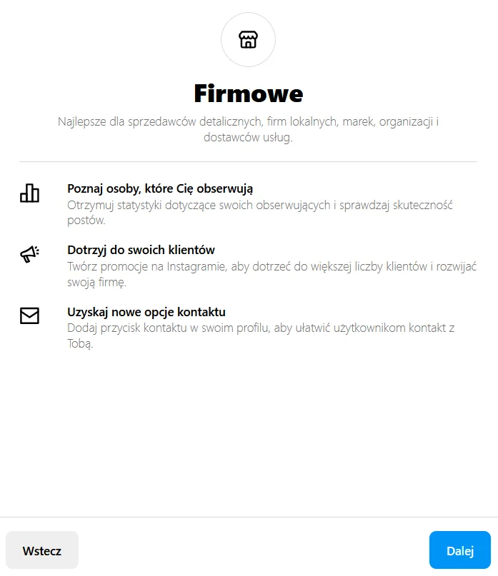 Opis korzyści typu konta Firmowe na Instagramie.