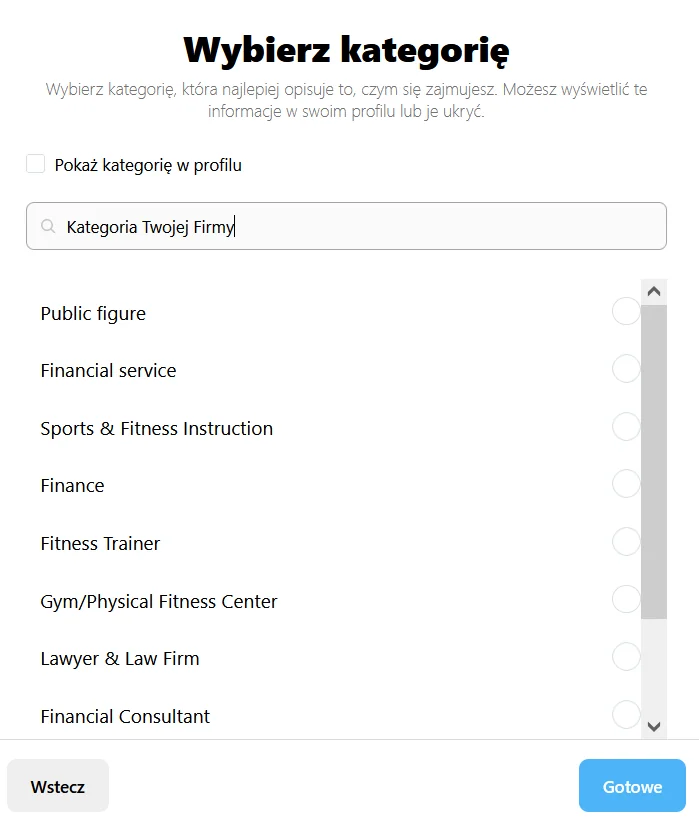 Wybór kategorii profilu firmowego Instagram.