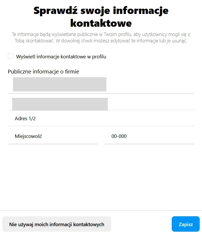 Formularz informacji kontaktowych Instagram z zamazanymi danymi.