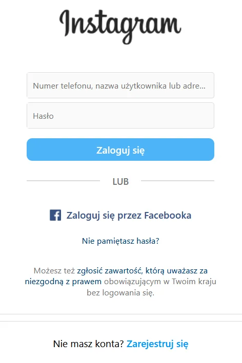 Ekran rejestracji konta Instagram.