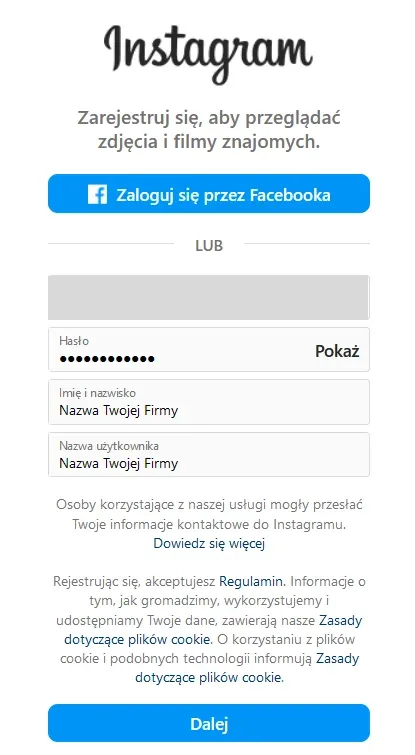 Formularz danych podczas zakładania konta Instagram.