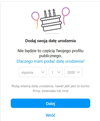 Ekran dodawania daty urodzenia w Instagramie.
