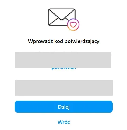 Ekran wpisywania kodu potwierdzającego konto Instagram z zamazanym kodem.