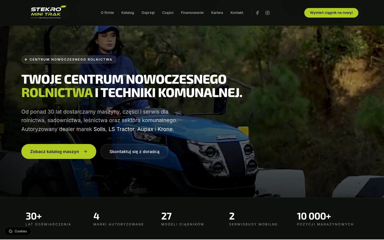 Strona główna serwisu minitrak.pl z ofertą ciągników Solis, LS Tractor i maszyn Krone.
