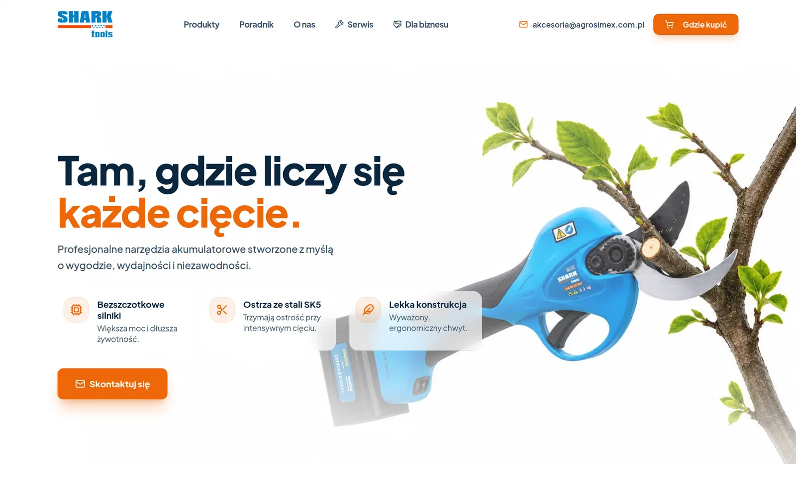 Strona główna serwisu SHARK Tools z sekcją hero i ofertą sekatorów akumulatorowych.