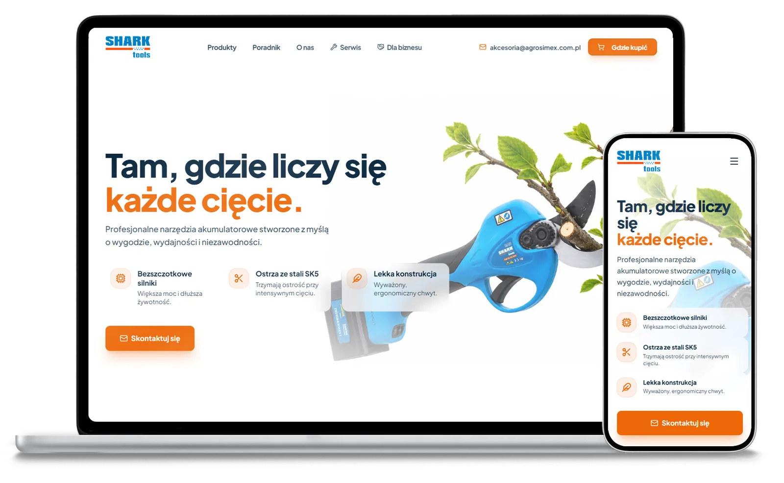 SHARK Tools — realizacja na desktopie i mobile Strona sharktoolshub.shop na ekranie laptopa i telefonu — wersja desktopowa i mobilna.
