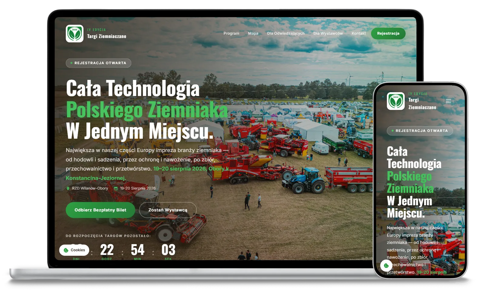 Targi Polski Ziemniak — realizacja na desktopie i mobile Strona targi.polskiziemniak.pl na ekranie laptopa i telefonu — wersja desktopowa i mobilna.