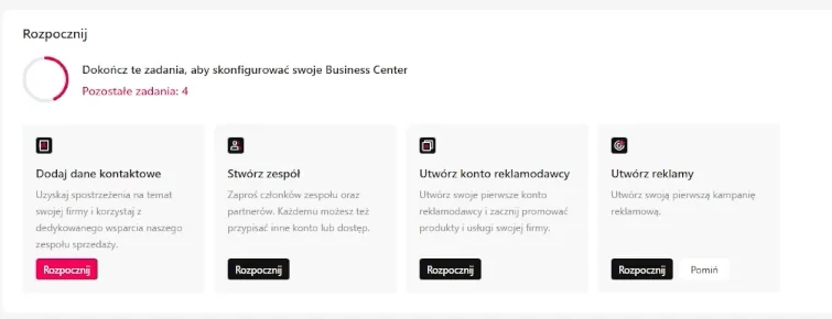Lista zadań konfiguracji TikTok Business Center.