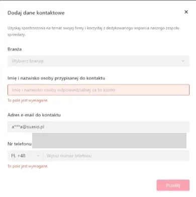 Formularz danych kontaktowych TikTok z zamazanym adresem e-mail.