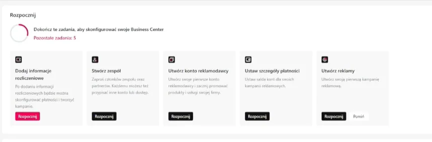 Lista zadań rozliczeniowych TikTok Business Center.