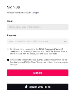 Formularz rejestracji TikTok Business Center.